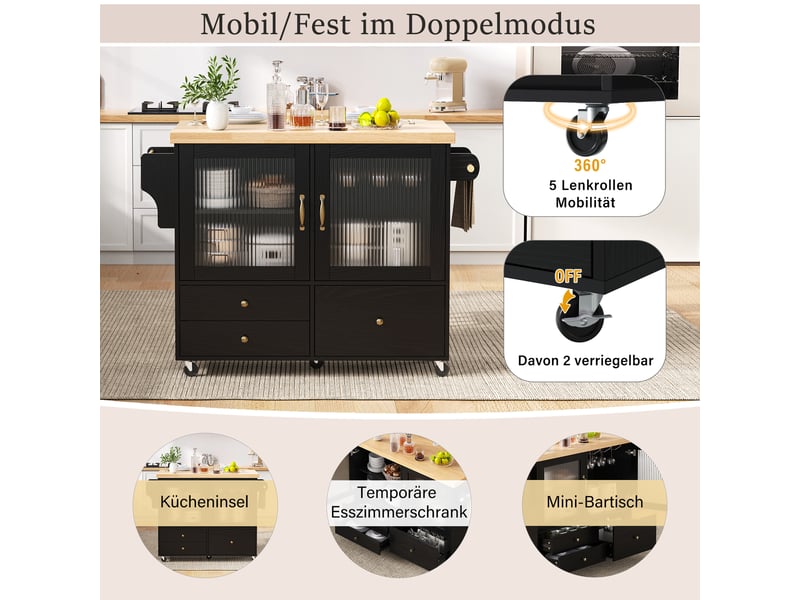  Îlot de cuisine à roulettes plan rabattable en mdf noir et naturel 100x42-70x91.5 cm KL000007AAB - Conforama D
