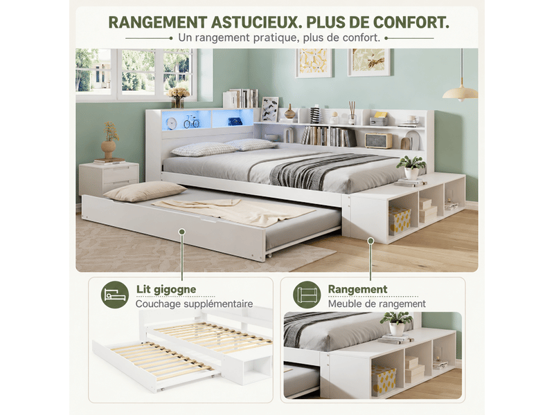 Lit avec rangement 120x200 cm et lit gigogne 90x190 cm, éclairage led, prise de charge et banc, bois blanc OMNIGLINT TRADING LTD - Conforama E