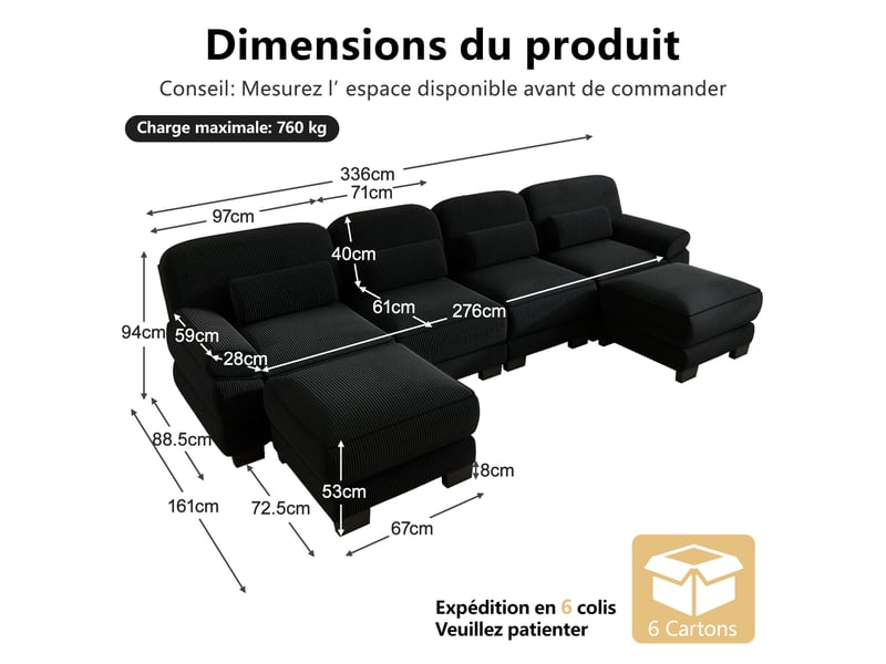  Canapé modulable d’angle,336x161x94 cm,4 places avec pouf,velours côtelé,noir  - Conforama C