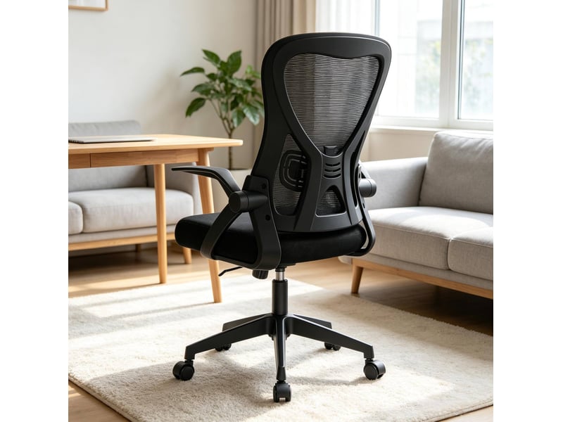  Chaise de bureau ergonomique pivotante avec dossier inclinable et accoudoirs rabattables en maille noire  - Conforama E