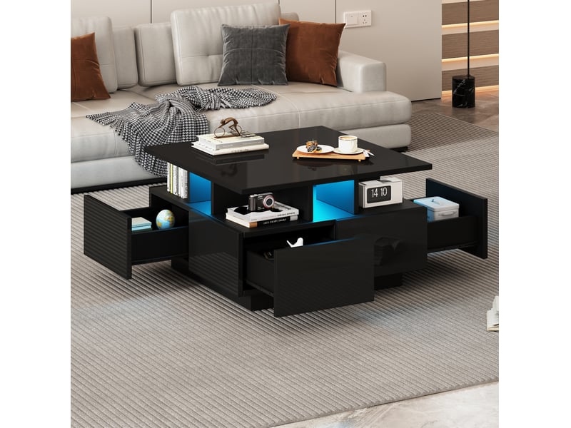  Table basse carrée 70 x 70 x 40 cm avec led, 4 tiroirs et rangement, noire  - Conforama B