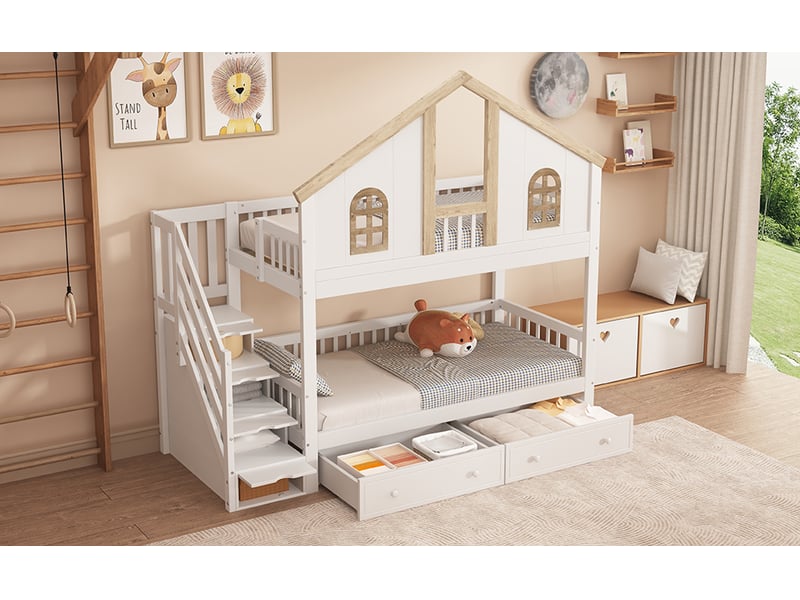  Lit superposé enfant 90x200 cm blanc et bois clair en pin et mdf avec escalier de rangement tiroirs et garde-corps Sol Morn - Conforama B