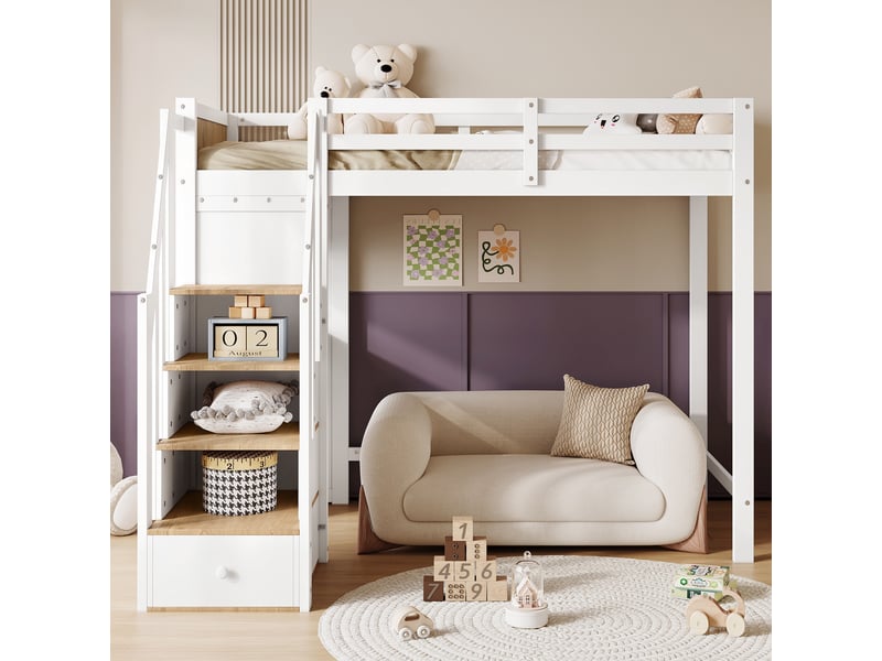 Lit mezzanine 90x200 cm, lit enfant avec bureau et rangements, avec escalier de stockage, en bois de pin massif et mdf, style scandinave, blanc - Conforama B