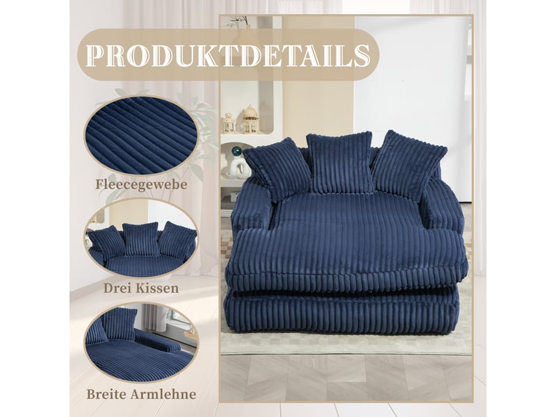  Canapé convertible, canapé-lit – en velours tricoté, coussins inclus, 1 place, bleu, style cloud  - Conforama R