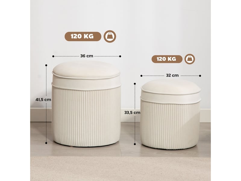  Lot de 2 tabourets avec rangements tabourets avec couvercle, repose-pieds rond aspect velours 36 x 36 x 41,5 cm blanc crème 838-596V00CW - Conforama C