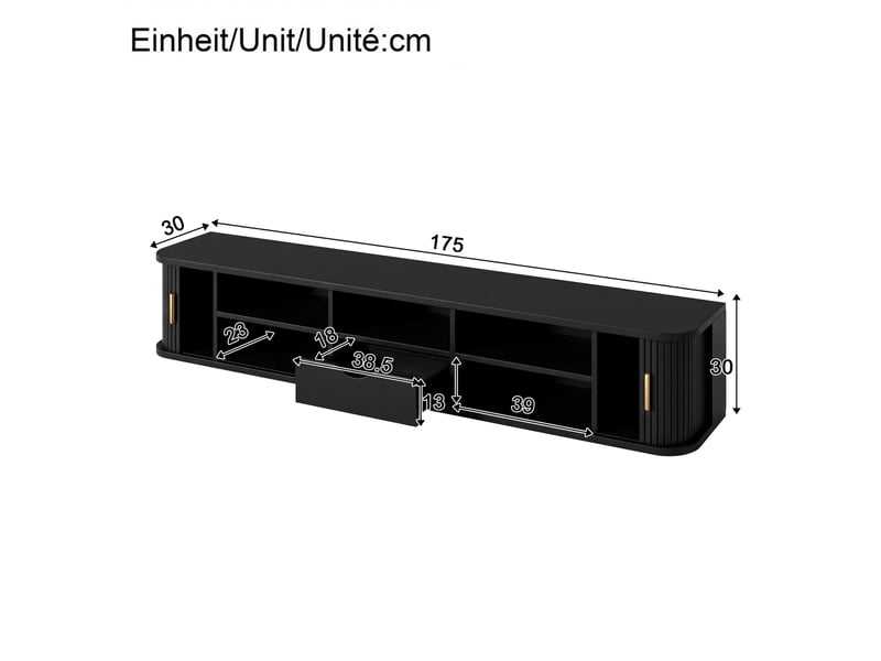  Meuble tv mural 175x30x30 cm avec led et portes coulissantes, noir  - Conforama C