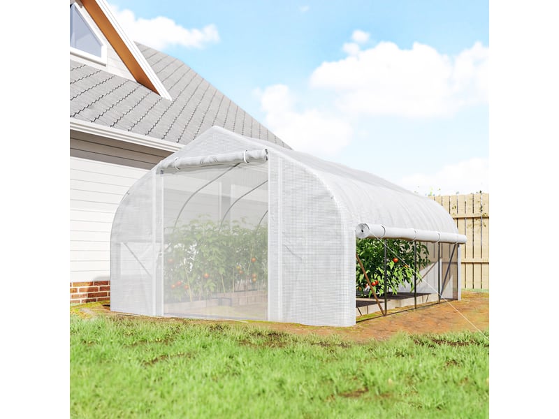 Serre tunnel de jardin 12 m², serre de jardin tunnel avec porte et 8 fenêtres, bâche pe 140 gm² 400 x 200 x 200cm blanc - Conforama C