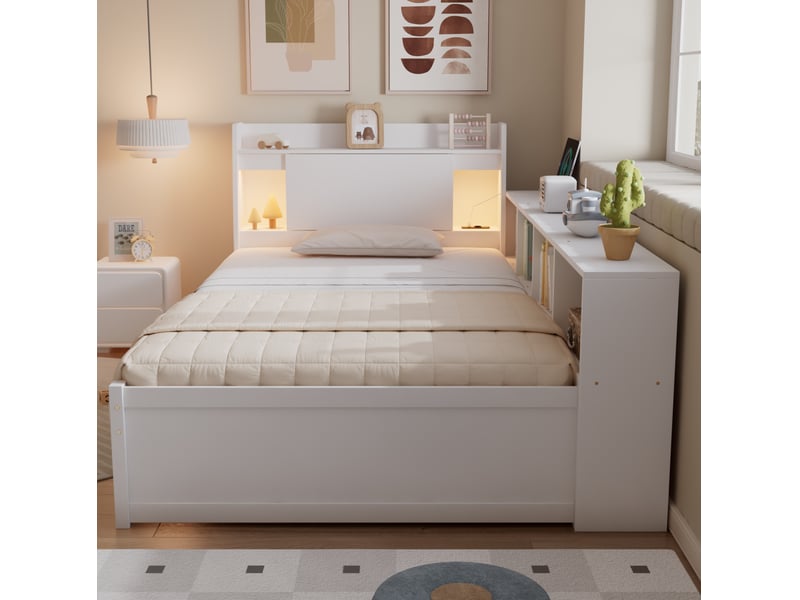  Lit simple avec rangements, éclairage et prise de charge blanc 90x200 cm  - Conforama B