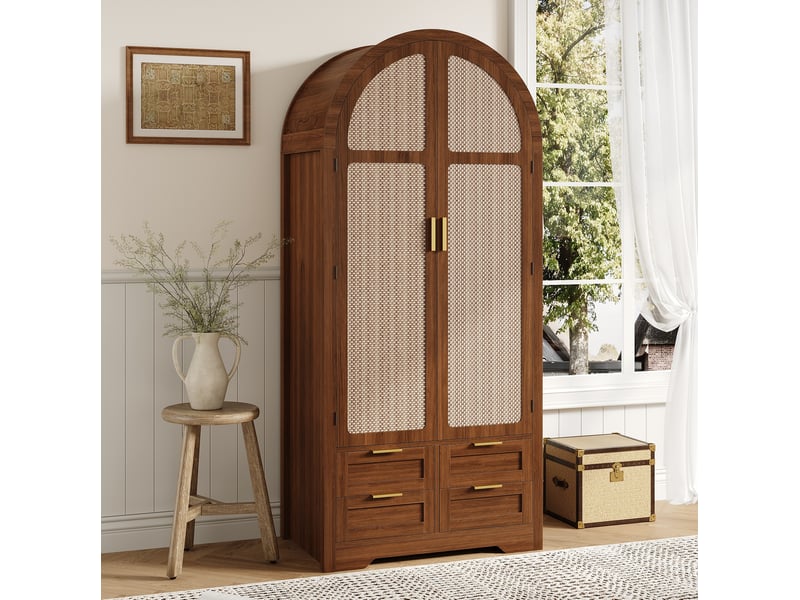  Armoire 80x50x180 cm avec portes courbes et tiroirs en mdf, finition noyer  - Conforama B