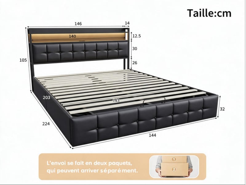  Lit coffre 140x200 cm ezssw, coloris noir  - Conforama C