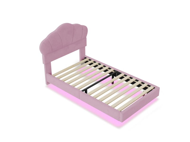  Lit enfant 90x200 cm, lit simple avec éclairage led et pied de lit caché, en velours, rose, sans matelas  - Conforama E