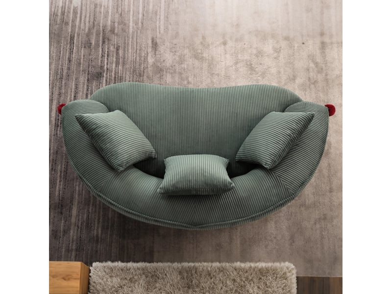  Canapé droit 2 places courbé sans cadre rigide avec 3 coussins et coussin en chenille côtelée verte  - Conforama D