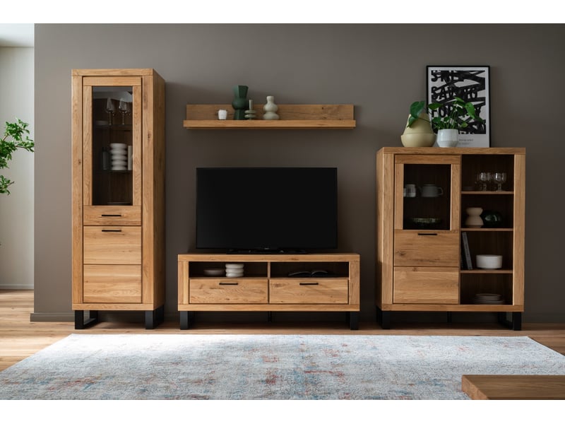  Ensemble meuble de salon de 4 pièces meuble tv, 2 vitrines et une étagère murale coloris chêne massif huilé  - Conforama B