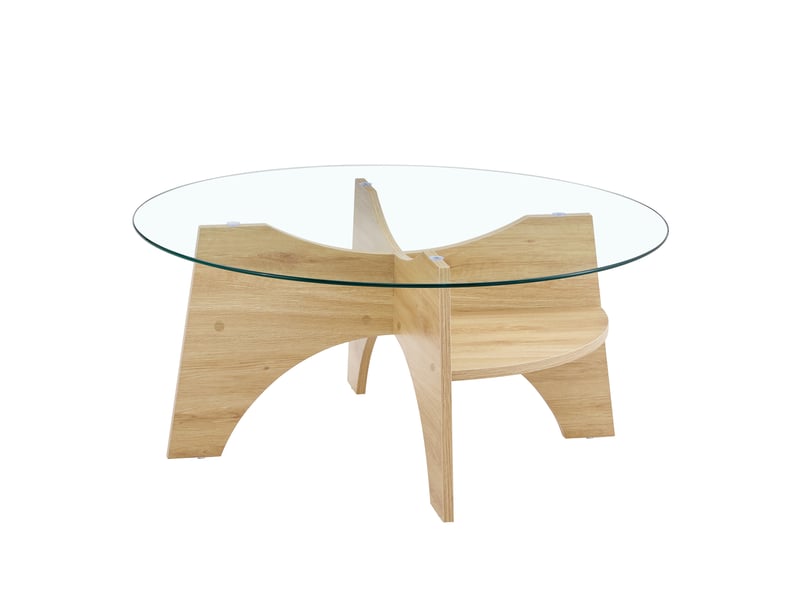  Table basse ronde en verre avec piètement en mdf pour salon ø 80 cm, hauteur 36 cm transparente bois naturel  - Conforama A