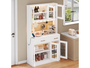 Buffet vaisselier haut 100x40x180cm avec led et prises | style moderne en mdf et verre trempé | rangement cuisine avec tiroirs - blanc