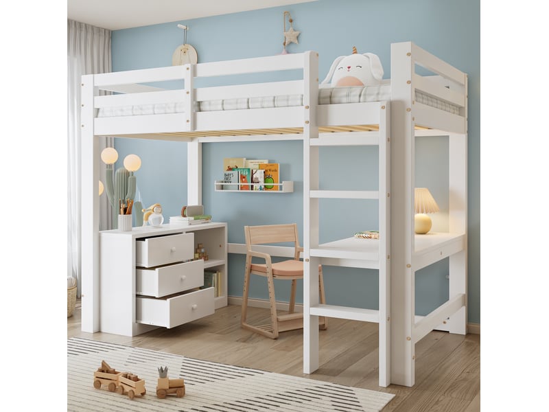  Lit mezzanine enfant 90x200 cm, bureau, armoire à tiroirs, avec rangement, structure de lit, mdf, blanc, sans matelas  - Conforama D