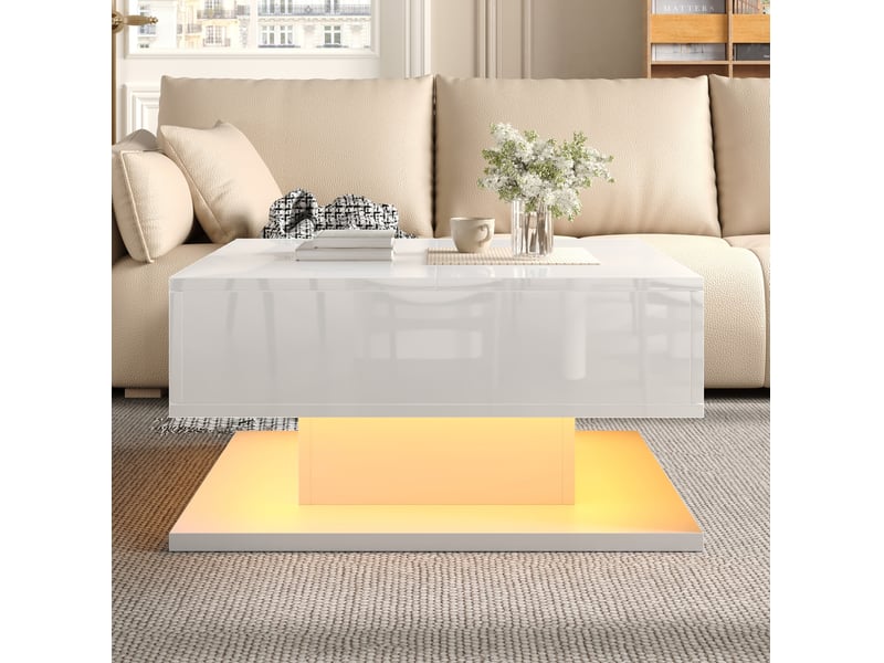  Table basse carrée 72x72 cm blanche brillante avec plateau relevable et led  - Conforama D