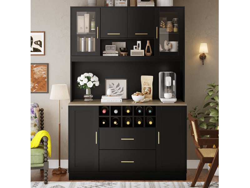  Buffet modenvie 120 x 36,3 x 180 cm avec led, prises usb, 6 portes et 2 grands tiroirs, noir  - Conforama E
