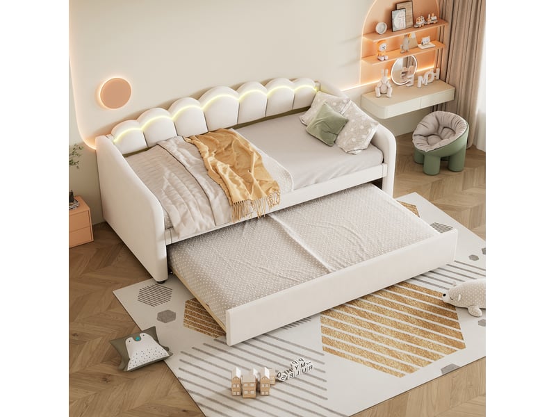  Lit gigogne 90x200cm, design ondulé, lit extensible, lumières avec éclairage led multicolores, velours, beige, sans matelas  - Conforama B