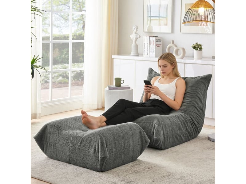  Fauteuil relax en tissu peluche - gris - mousse haute densité - dossier inclinable - repose-pieds 100x90x70cm - Conforama B