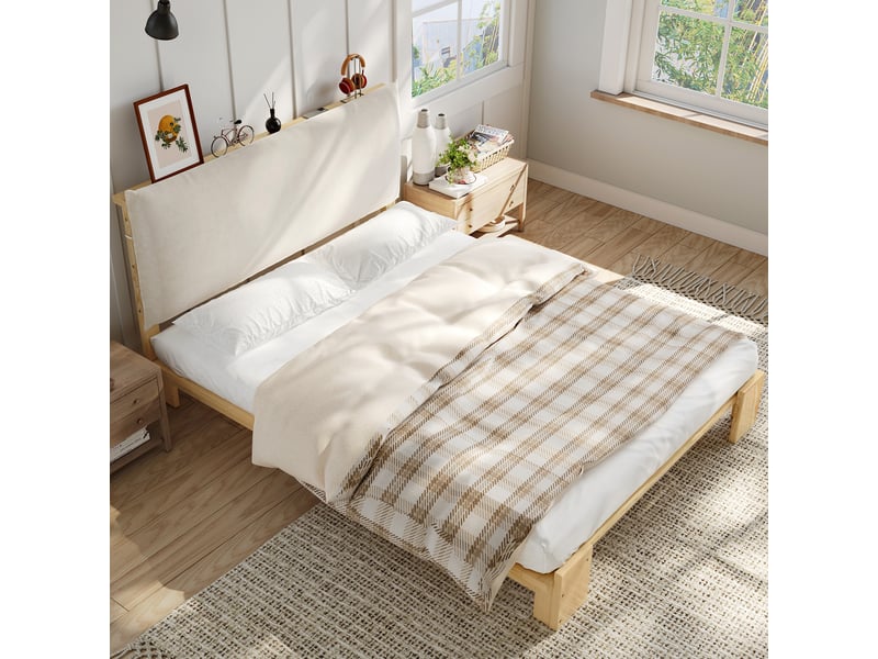  Lit capitonné enfant 140x200 cm naturel, dossier velcro, lattes solides et pieds larges  - Conforama C
