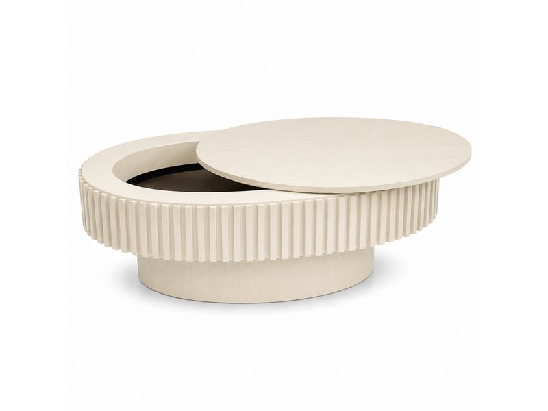 Table basse ovale crème avec rangement caché, mdf plaqué bois, design cannelé moderne 98 x 60 cm pour salon - Conforama A