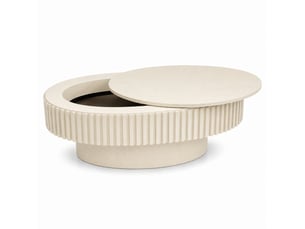 Table basse ovale crème avec rangement caché, mdf plaqué bois, design cannelé moderne 98 x 60 cm pour salon