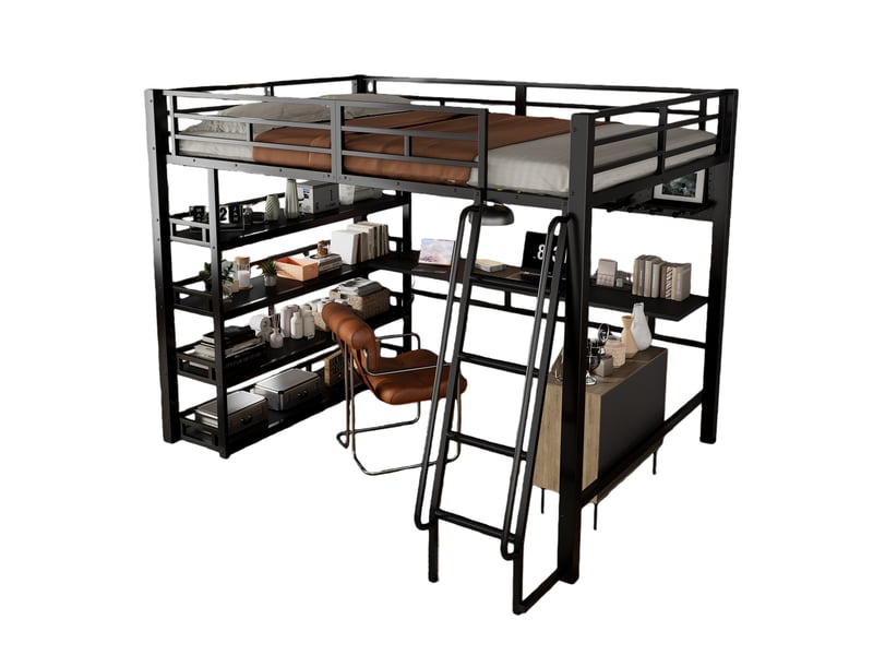 Lit mezzanine double 140x200 cm - en métal avec étagères, rangements multiples et prise intégrée - échelle 4 marches - sans matelas - noir - Conforama A