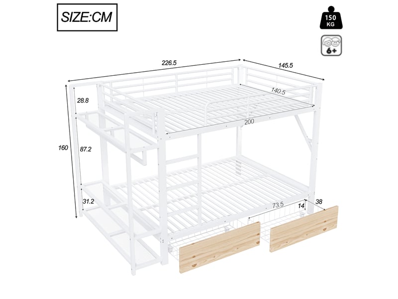  Lit superposé 140x200cm, lit enfant, adulte, led, 2 tiroirs, rangements et penderie, mdf et métal, blanc sans matelas  - Conforama C