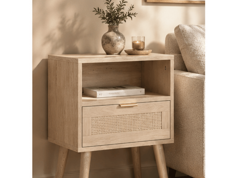  Table de chevet, avec tiroir, étagère ouverte, façade en rotin et poignée dorée, pour chambre, mdf, chêne, 45 × 40 × 55 cm  - Conforama D