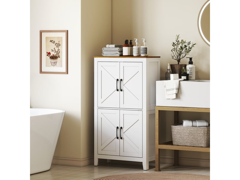  Meuble bas salle de bain style campagne chic 4 portes 2 étagères blanc effet bois  - Conforama B