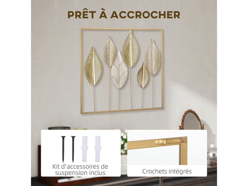  Décoration murale en métal moderne, sculpture murale en métal en forme de feuille, doré, 70 x 70 cm  - Conforama E