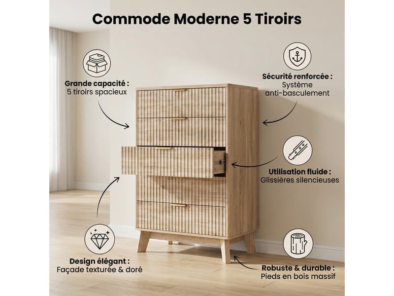  Commode de chambre, 73x40x108 cm, 5 tiroirs de rangement, anti-basculement, en bois, texture côtelée moderne, bois naturel  - Conforama C