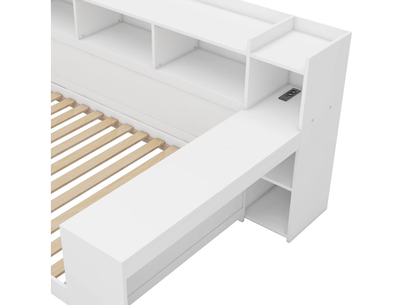  Lit banquette 90x200 blanc avec bureau intégré, tiroirs et prises usb  - Conforama R