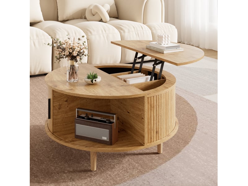  Table basse ronde 80x80 cm réglable en hauteur avec rangement, coloris chêne  - Conforama B