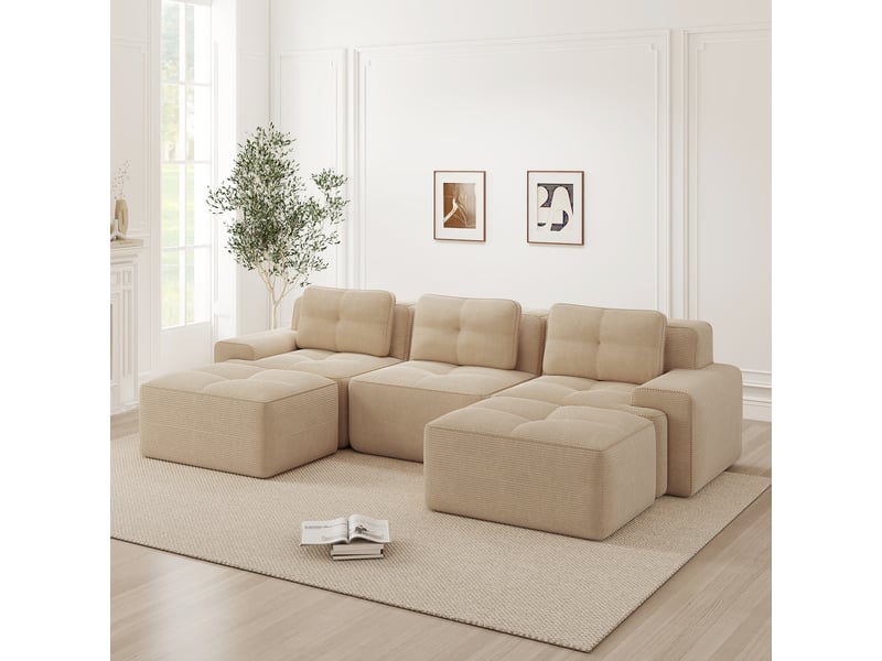  Canapé modulable d'angle en l,293x177x69cm,canapé 3 places sans structure avec 2 pouf,en velours côtel,rembourrage haute densité 32d - beige  - Conforama B