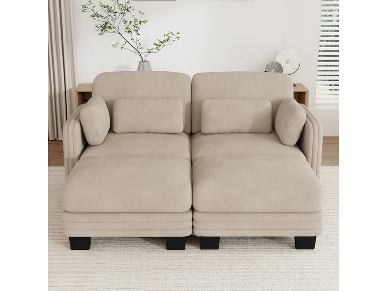  Canapé modulable 2 places 176x 143x 88 cm, design ergonomique, coussins déplaçables, avec 2 poufs, tissu en chenille, café clair  - Conforama D