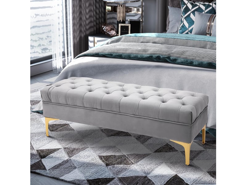  Banc de lit en velours gris clair 118 cm, assise capitonnée et pieds en métal doré pour chambre ou entrée  - Conforama B