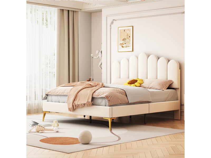  Lit capitonné en velours beige 140 x 200 cm  - Conforama B