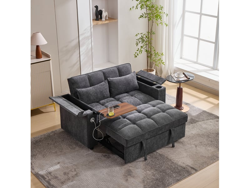  Canapé convertible 2 places avec dossier réglable, prises usb et type-c, tissu gris  - Conforama C