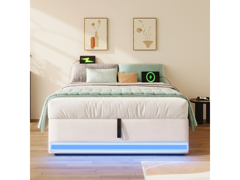  Lit capitonné 90*200cm, beige, sans matelas, led, usb type-c, rangement latéral, relevage hydraulique  - Conforama E