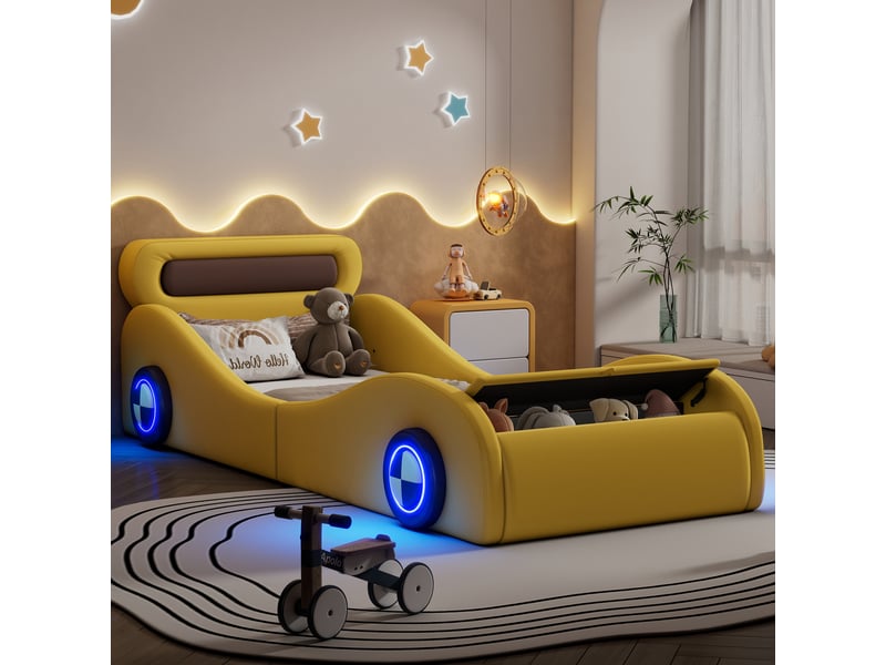  Lit enfant 90 × 200 cm 1 place avec led réglables et coffre, sans matelas, en pu jaune, forme voiture  - Conforama E
