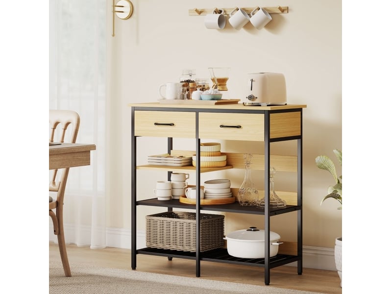  Buffet 90 x 40 x 91 cm naturel en bois et métal, 2 tiroirs 3 étagères ouvertes pour cuisine et salon  - Conforama D