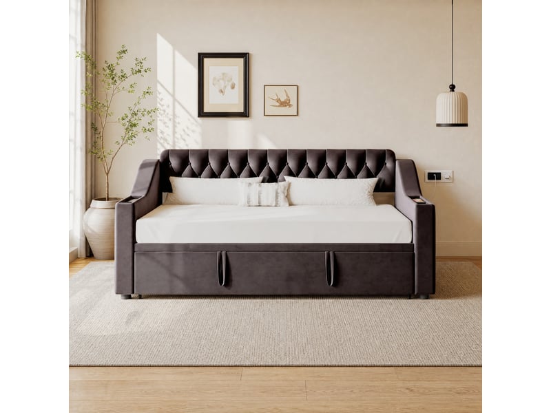  Lit simple 90x190 cm avec rangement et ports usb en velours gris  - Conforama B