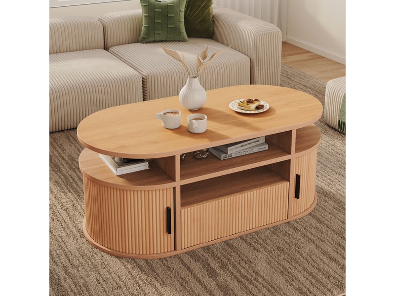  Table basse ovale 100 cm avec rangements, 1 tiroir à pression, 2 portes à rideau, niches ouvertes, mdf et panneaux de particules, décor bois clair Luxe haut de gamme - Conforama B