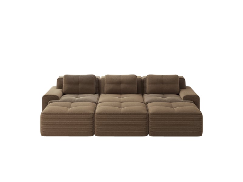  Canapé modulable 3 places avec fonction couchage et 3 poufs, velours côtelé doux, 69 × 382 × 104 cm, marron  - Conforama A