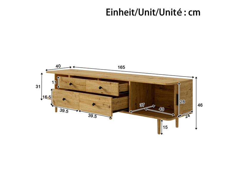  Meuble tv bas 165 x 40 x 46 cm – décor bois clair – 4 tiroirs, 2 portes coulissantes  - Conforama C