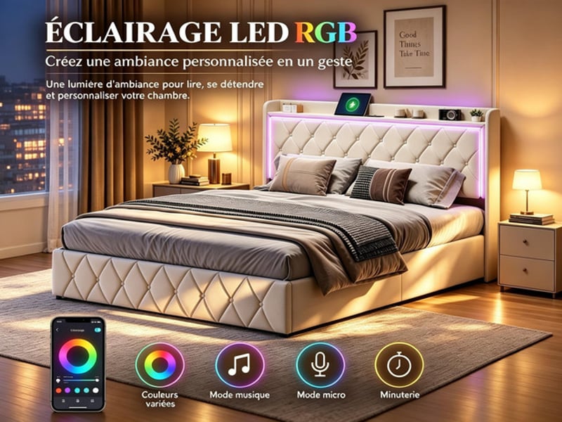 Lit coffre 140x190 cm ezssw, coloris beige - Conforama D