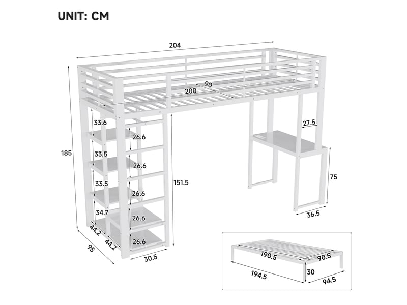 Lit mezzanine enfant 90 x 200 cm avec bureau, rangements et lit bas mobile blanc  - Conforama C
