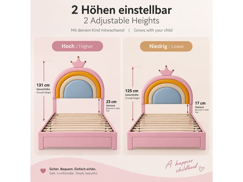 Lit capitonné enfant 90x200 cm rose, tête de lit arc-en-ciel et couronne, tiroir - Conforama E